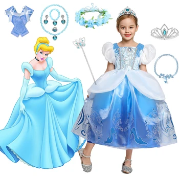 Коледна рокля на Пепеляшка за момичета, Детски сини дантелени рокли с тиква за момичета Костюм на Принцеса за Хелоуин Детска фантазия Infantil