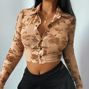 Дамски секси обещаваща риза с копчета с растително принтом с дълъг ръкав и отложным яка Съкратен блузи за жени