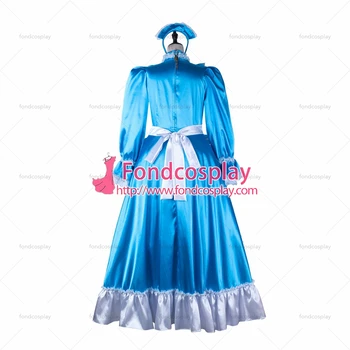 Fondcosplay възрастен секси обличане сиси мома дълго синьо атласное рокля, бяла престилка запирающийся направо костюм по поръчка[G2365]