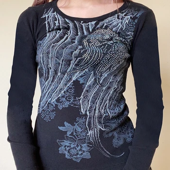 Черна тениска с кристали с принтом За жени Ретро съкратен топ Козметична облекло в стил гръндж Блузи с дълъг ръкав, Готическата елегантна риза Iamhotty