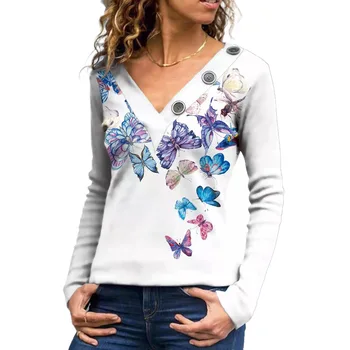 2021 Нова мода Жените с тънка Ежедневни тениска с дълъг ръкав и V-образно деколте с флорални принтом Реколта върховете на копчета Дамски тениски извънгабаритни тениска