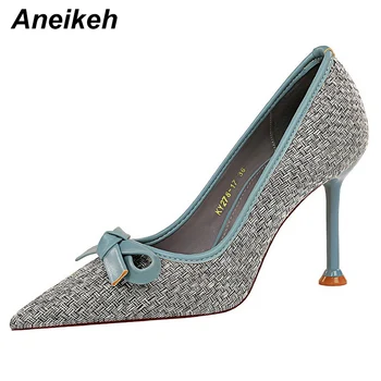 Дамски обувки Aneikeh, Модерни офис женски обувки, дантелени лоскутные обувки на висок ток с възел-пеперуда, обувки-лодка с остри пръсти, без закопчалка, 2022, Пролет/есен