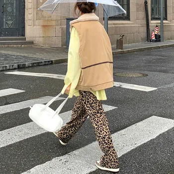 Широки панталони за жени с леопардовой висока талия, свободно градинска дрехи, Луксозни дневни универсални панталони Feminino, есента Корейски стил, Нова мода