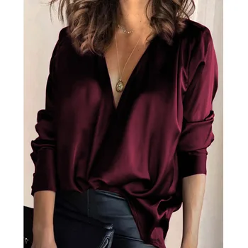 Пролет Лято Офис облекло дамски елегантни сатенени ризи Секси шифоновая блуза с дълбоко V-образно деколте Ежедневно однотонная дамска блуза с дълъг ръкав