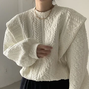 2021 Дамски блузи Бели пуловери Есен-зима Извънгабаритни Прости в корейски стил Vintage мода скок Диви върхове Шик Нова