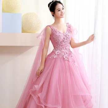 Розови тайна Пищни рокля 2021 Apliques Мъниста Буйна парти Принцеса Сладка рокля 16 Vestidos De 15 Años V-образно деколте Вечерни рокли за бала