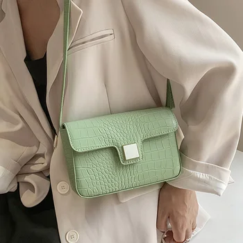 Елегантна дамска бяла чанта на рамото, Брандираната дизайнерска чанта с петна от крокодилска кожа, Ежедневни обикновена малки чанти с капаци, Вечер клатч