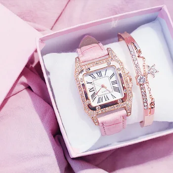 Квадратни Луксозни дамски часовници с диаманти Комплект Кожени дамских часа, Водоустойчиви Дамски кварцов часовник Relogio Feminino Reloj Mujer