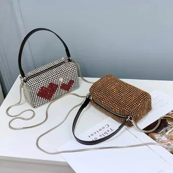 Луксозна чанта с кристали Женствена чанта през рамото си, през рамо, женствена чанта с горната дръжка, Вечерни чанти, Дамски метална верижка, чанта-скитник