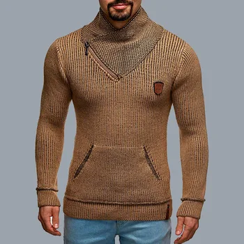 2021 Зимна Нов мъжки дебел вязаный пуловер с яка-шал Обикновен Топъл И удобен вязаный пуловер С Дълги ръкави