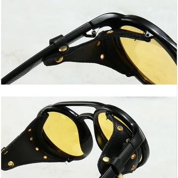 Ретро Кръгли Steampunk Поляризирани Очила на Жените и Мъжете Реколта Очила, очила за шофиране Пластмасова дограма с кожени дрехи Пънк