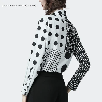 Модерен цветен блок на Женската риза на точки с дълъг ръкав 2021 Есен Нова отложной яка Топ копчета Дамски работни облекла Блуза