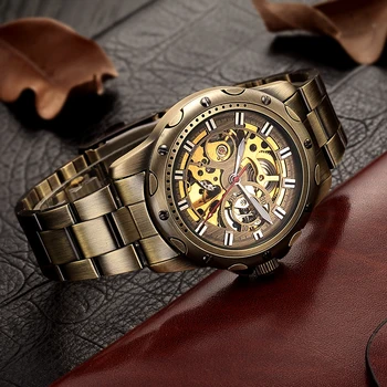 SHENHUA Реколта Бронзови Автоматични Механични часовници-скелет на Мъжки часовници Мъжки Спортни часовници Кожени Часовници Relogio Masculino