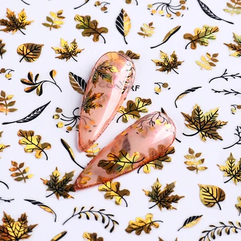 Лазерни Златни Стикери за нокти с Кленов лист 3D Холографски Есента цвете, убирающий лицето, Самозалепващи Декорации за нокти, Дропшиппинг