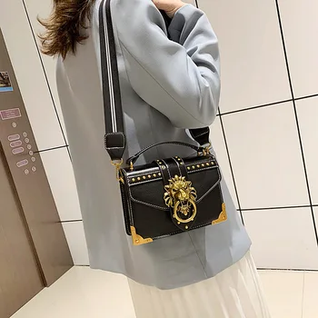 Дамски модни чанти, Луксозни Чанти за момичета през рамо Чанта Дамски Метална Глава на Лъв Брандираната чанта на рамото Мини квадратна чанта-месинджър