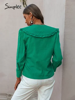 Simplee зелен памук, с пищни ръкави ретро тениска за жени Реколта Питър Пан яка дама мода блуза празнични дамски къси ризи 2021