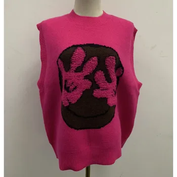Усмихнат пуловер За жени Есен Y2k Градинска облекло Провиснал Ярък Цвят Пуловер без ръкави вязаный Жилетка Тегли Нов Chaleco Mujer