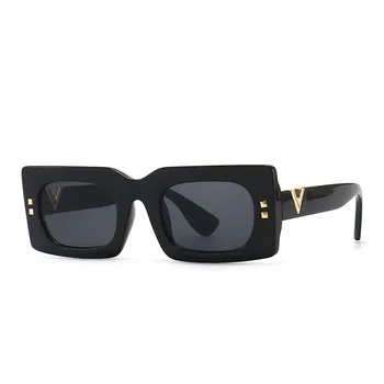 LNFCXI Модни дамски луксозни маркови правоъгълни слънчеви очила Дамски Реколта V-образна форма на крак рамки Слънчеви очила Дамски Uv400 Нюанси на черно