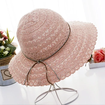 2019 Лятна мода Сгъваеми памучни плажни шапки с лък от слънцето за жени Модерен дизайн Дамска плажна шапка от слънцето Сгъваема сламена шапка с периферия