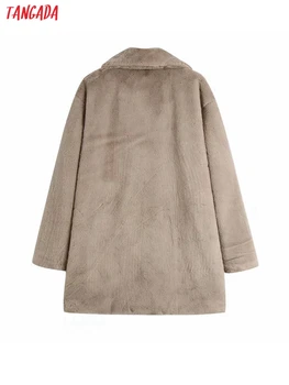 Тангада За жени 2021 Зимно палто от изкуствена кожа Vintage Джобове с дълъг ръкав, Дамски връхни дрехи Луксозно палто BE703