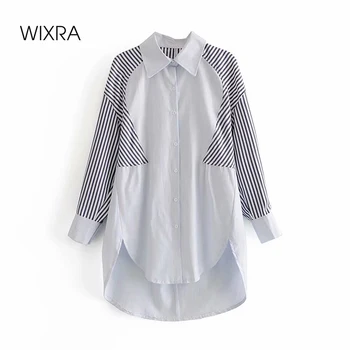 Wixra Женски райета лоскутная блуза от памук с дълъг ръкав в уличном стил Свободни дълги ризи за Есен-пролет Стилни блузи