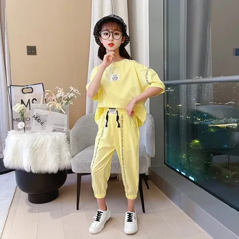 Наградата за деца Момичета Лято корейски дрехи Костюм с къс ръкав + Скъсяване на панталони 2 бр. Сладък спортен костюм за деца 6 8 10 12 14 години