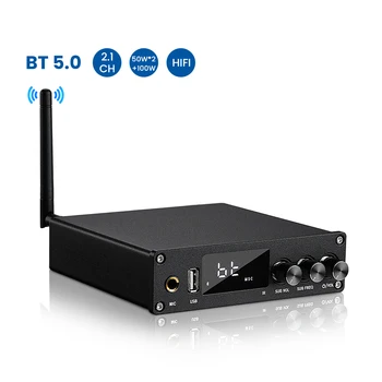 AIYIMA Аудио Усилвател Bluetooth TPA3116 Hifi Стерео 2.1 Канал КОАКСИАЛЕН/OPT/HDMI, МИКРОФОН, Караоке Усилвател USB Музикален плейър 50 W X 2+100 W