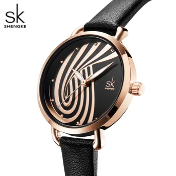 Shengke Елегантни Нови дамски часовник с черна кожена каишка на Кварцови часовници моден Дизайнер Дамски Часовници Гаранция Zegarek Damski