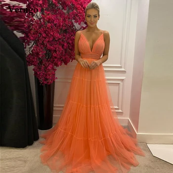 Verngo 2021 Прости оранжеви тюлевые дълги рокли за абитуриентски бал на спагети презрамки с няколко нива, открит гръб Секси вечерни рокли, рокли за специални случаи
