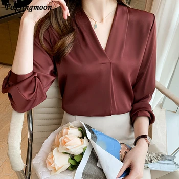 2021 Дамска блуза Пролет Есен Елегантен сатен, отгоре с дълъг ръкав Секси V-образно деколте Офис дамски блузи, Ризи Ежедневни дамски блузи