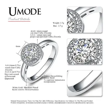 UMODE Обикновено кръгли Годежни пръстени за жени с един Кубическим Цирконием Сватбени бижута от бяло злато за момичета Подаръци Аксесоари UR0377