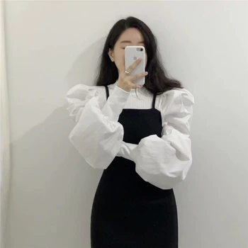 Пролетни Нови класически черно - бели къси прилепнали потници за жени с ръкави-мехурчета в ретро стил, блуза с сплайсированными ръкав, Риза Femme 12741