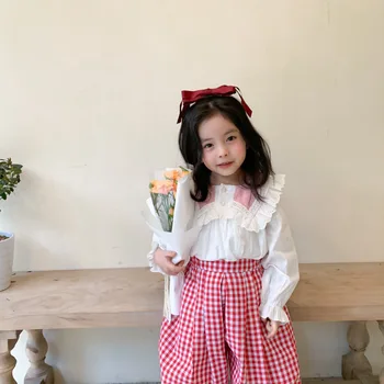 Пролетта нов прием на памучен блуза за момичета в корейски стил със завързана яка принцеса скъпа риза с дълъг ръкав за сладки малки момичета