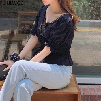 Елегантен Дизайн на Нови Горещи Продажба Чист Стил За момичета Върхове с папийонка Сладък Сладък корейски черни дантелени ризи