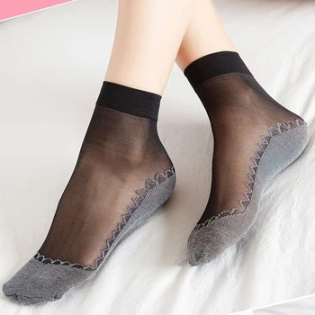 Сладки Невидими Секси Чорапи за момичета-Тънки прозрачни чорапи с неплъзгащи подметки Масажни кадифе, коприна къси дантелени чорапи, Дамски дамски чорапи