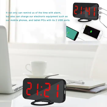 Електронен LED Цифров часовник с Аларма за Украса на Работния Плот с Двоен USB Порт за Телефон, Автоматична Корекция на Яркостта
