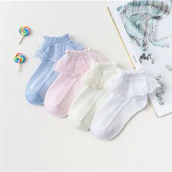 Летни модни детски чорапи за малки момичета с волани, Сладки бебешки къдри, дизайнерски бели и розови дантелени детски чорапи за момичета