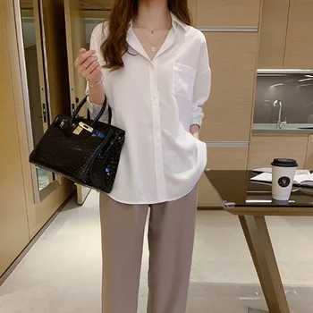 Плюс Размер S-4XL Ризи Женски джобове Однобортные блузи с дълъг ръкав Обикновена бели Елегантни дамски в корейски стил всеки ден