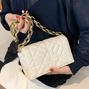 Стеганая чанта за жени 2021 Дизайнерска луксозна дамска чанта през рамо с веригата от изкуствена кожа с диамантена решетка Квадратна чанта-плик