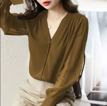 Моден тренд Офис дама шифоновые блузи Ретро Зелена риза с копчета и дълъг ръкав Сладки дамски есенни тънки корейски ежедневни блузи Blusas