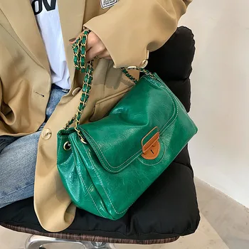 Реколта Зелена Изкуствена Кожа Луксозни Дизайнерски чанти през рамото си, през рамо, за жени 2022 Зимните Модни тенденции Верижни Чанти и портмонета
