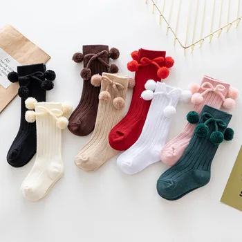 Нови Детски чорапи за момичета с черешов топка до коляното за деца в тръбата Коледни чорапи за момчета Детски терлици за краката на възраст 0-4 години