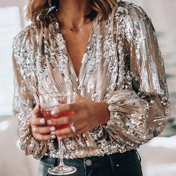 2022 Пролетно дамски популярна блуза с пайети и V-образно деколте, Офис дама, елегантна риза с ръкави-фенерчета, Нова есенна мода, фини върхове, пуловер
