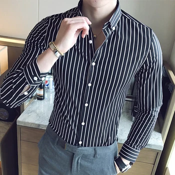 2021 нова корейска мъжка риза модерен бизнес и ежедневни раирана риза с дълги ръкави висококачествена марка тънък памучен вечерна риза