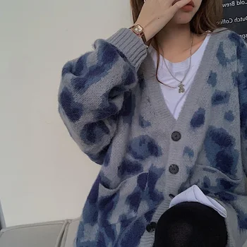 Deeptown Корейски стил с леопардовым принтом вязаный жилетка Пуловер Женски Harajuku V-образно деколте с дълъг ръкав Жилетка голям размер Пуловер женски
