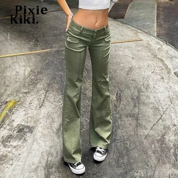 PixieKiki Y2k Тесни дънки с ниска засаждане за жени Армейските зелени дънкови панталони Градинска Реколта дрехи Разкроена панталони P84-DI36