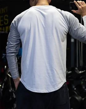 Мъжки памучен тениска с дълъг ръкав в стил Мозайка Спортна риза за мъже Културизъм Извити подгъва Тренировка Фитнес тениска Мъжки ежедневни облекла