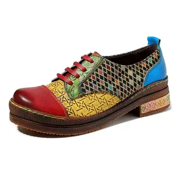 Socofy Ежедневни кожа Аргайла в стил Мозайка с цветен блок на дантела-Удобни мокасини Дамски дамски ежедневни меки обувки за цървул