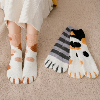 1 Чифт Женски чорапи от коралов руно, Есенни и зимни Котешки нокти, Красиви дебели Чорапи за спане на пода