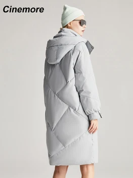Cinemore нов дамски пуховик с дълъг голям джоб Свободни 90% бели якета Ежедневни прости модни и качествени дамски сака 1019
